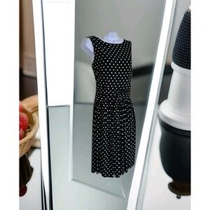 Ann Taylor Black Polka Dot Dress 14 Fit Flare Ruched Waist Back Zip Sleeveless